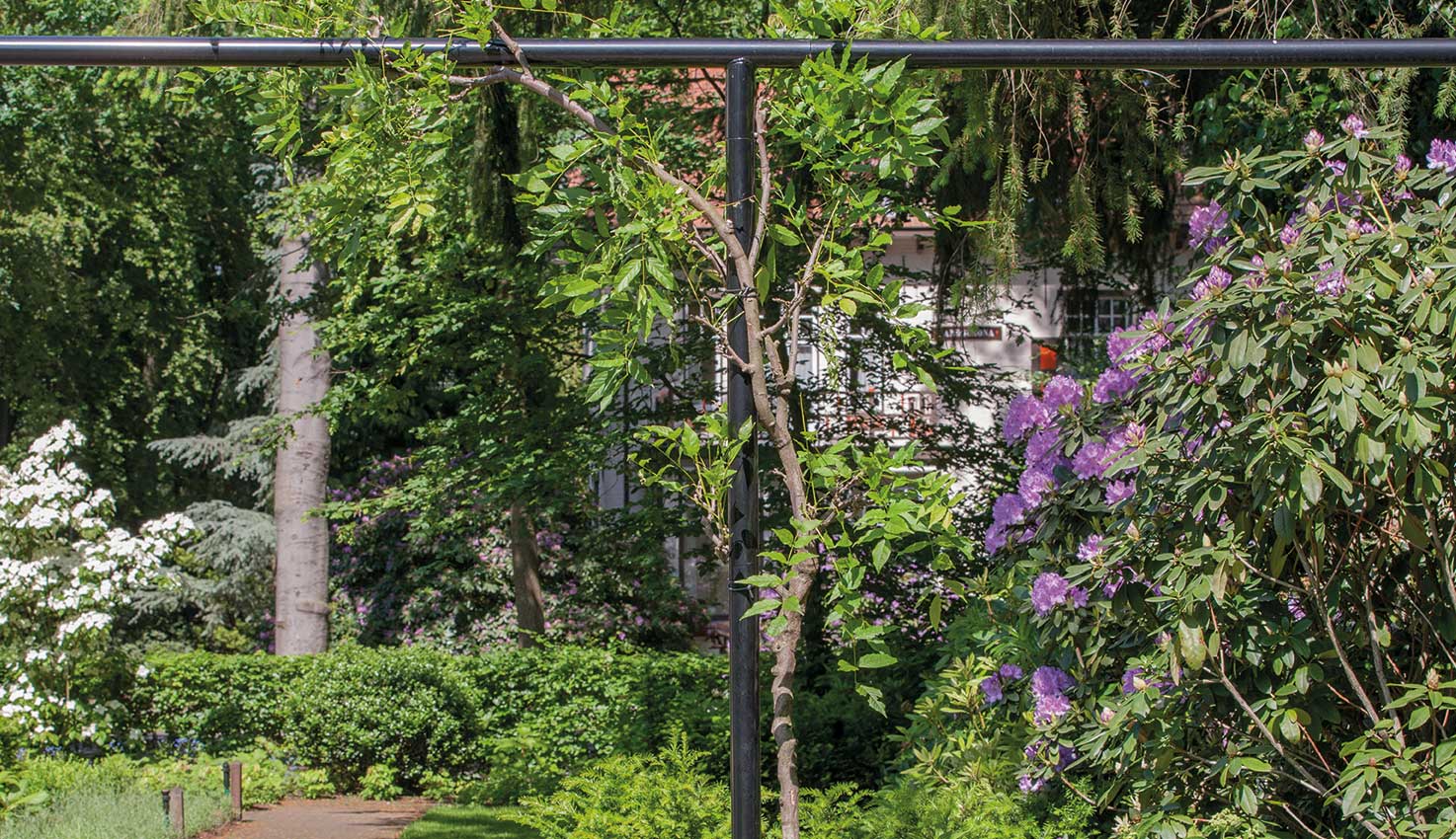 Klassieke tuin in Nunspeet met chique beplanting en blikvangers als een fontein, sierlijke lampen en antieke ornamenten rondom monumentale villa.